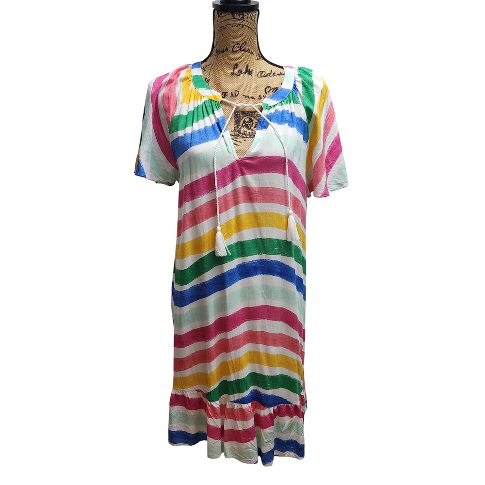 Crown & Ivy Dress L Rainbow Striped Peasant Midi Tie Neckโ Short Sleeve